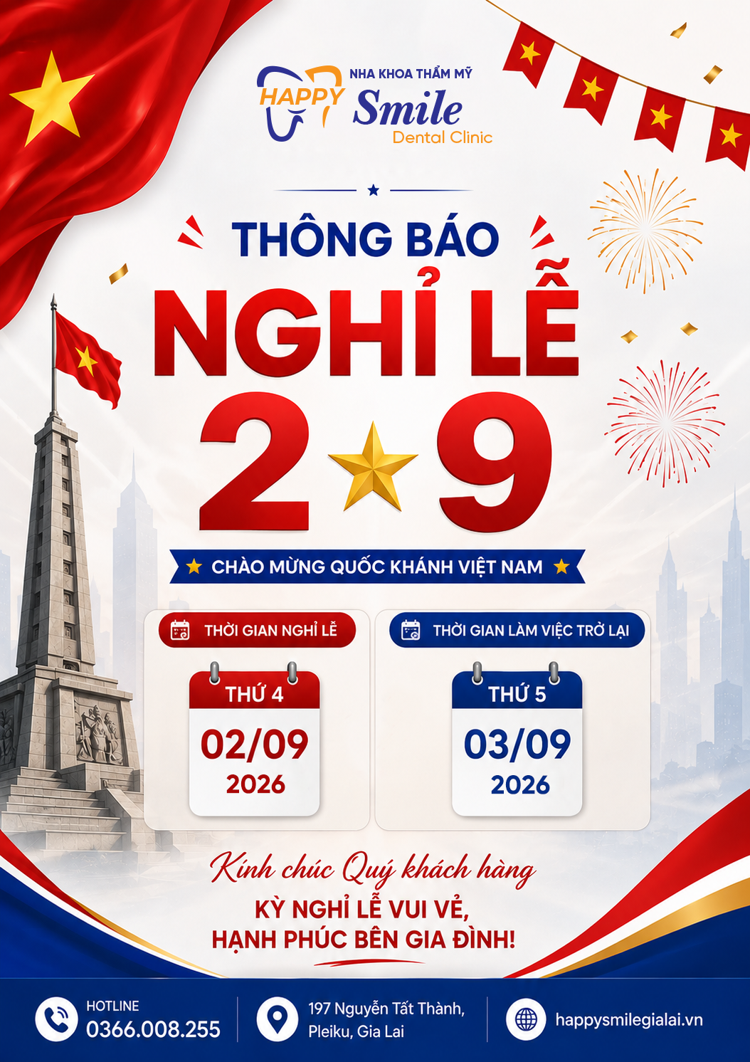 Thông Báo Lịch Nghỉ Lễ Quốc Khánh 2/9/2026 Tại Nha Khoa Happy Smile Pleiku
