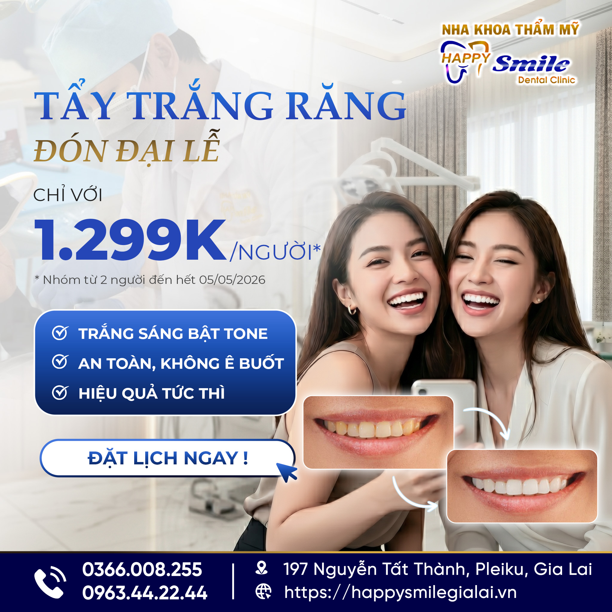 Ưu đ&atilde;i tẩy trắng răng Plasma chỉ 1299k tại Nha khoa Happy Smile.